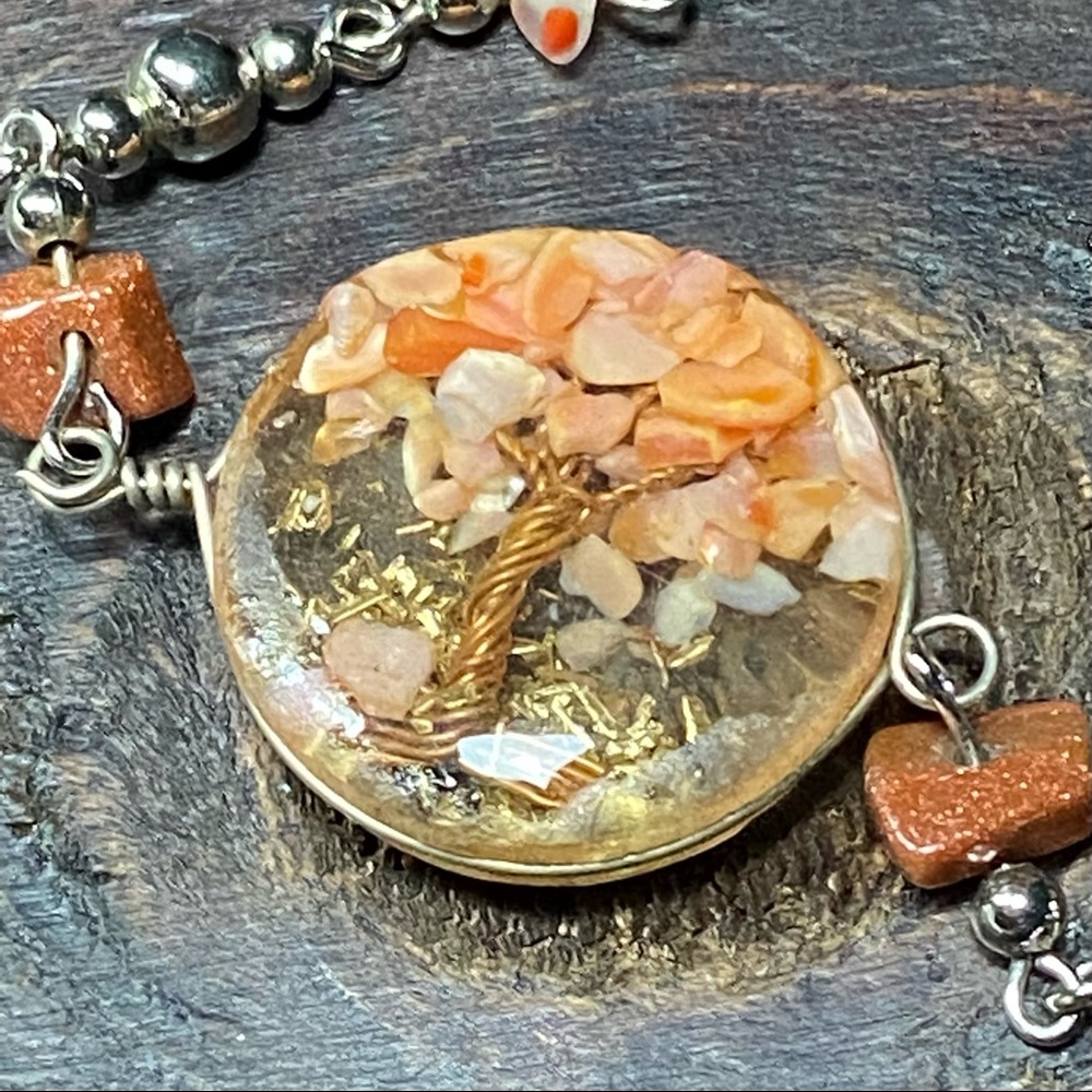 Resin Pendant Bracelet: Copper Wire Tree of Life w Small Stones & Golden Flecks